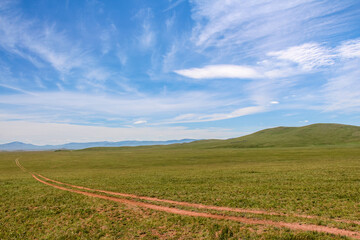 Fototapeta na wymiar A track across a Mongolian grassland with mountains in the background