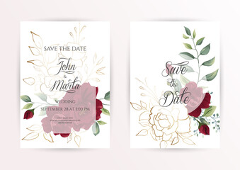 Wedding invitation set of card with red flowers rose, eucalyptus leaves. Floral Trendy templates for banner, flyer, poster, greeting. Vector illustration. eps 10