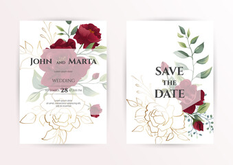 Wedding invitation set of card with red flowers rose, eucalyptus leaves. Floral Trendy templates for banner, flyer, poster, greeting. Vector illustration. eps 10