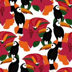 Colorful tropical bouquets and parotts, seamless pattern