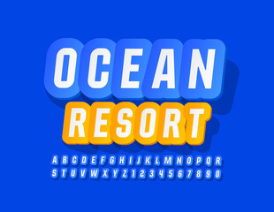 Vector holiday banner Ocean Resort. Blue Sticker Font. Modern creative Alphabet Letters and Numbers