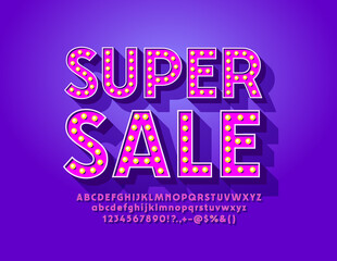 Vector bright banner Super Sale. Pink Lamp Font. Retro style Lightbulb Alphabet Letters and Numbers
