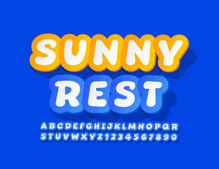 Naklejka na ściany i meble Vector holiday logo Sunny Rest. Creative sticker Font. Blue and White Alphabet Letters and Numbers