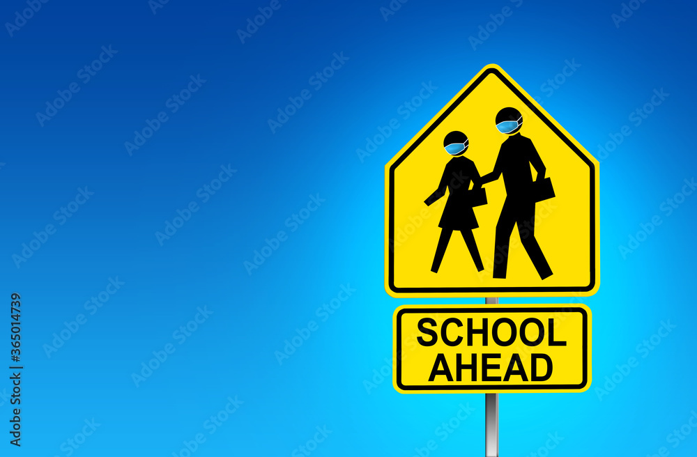 Wall mural School Zone street sign with face mask wearing due to COVID-19 - Illustration