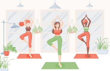 Happy smiling women doing yoga at home or yoga studio vector flat illustration. Girls stretching and doing pilates indoors. Healthy lifestyle, active recreation, relaxing weekend concept.