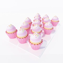 Cupcakes 3d illustration. Dessert bar. Birthday party. Anniversary. Cupcakes with different flavors. Celebration background.
