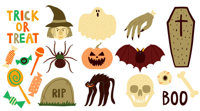Big collection set of halloween elements isolated on white background. Witch, coffin, skull, bat, spider, ghost, cat, pumpkin, dead hand, eyeball, candy. Flat style drawing. Stock vector illustration