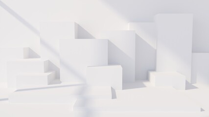 White room 3d illustration. Minimal style wallpaper. 3d geometric shapes in window daylight. Abstract interior. Modern background.