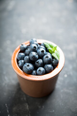 Freshly harvested wild blueberries in bowl. Selective focus. Shallow depth of field.