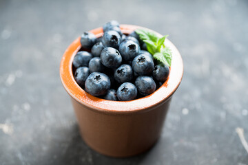 Freshly harvested wild blueberries in bowl. Selective focus. Shallow depth of field.