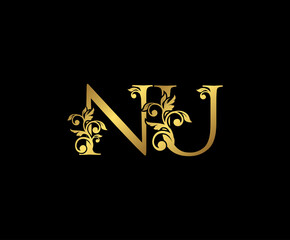 Golden NU, N and U Luxury Logo Icon, Vintage Gold  Initials Mark Design. Elegant luxury gold color on black background