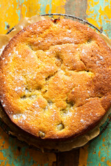 Sticky gooseberry saffron cake with vanilla custard