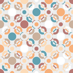 Graphic circles seamless pattern. Colorful vector illustration. Overlapping circular shapes in vintage pastel color combination.  