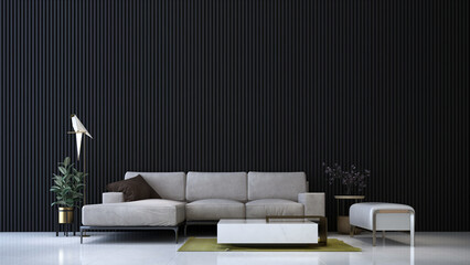 Modern interior design and mock up room of living room and black stripe pattern wall background 