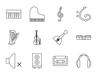 Music instruments line style icon set vector design