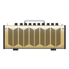Isolated gold electric guitar amplifier, cabinet equipment for musician flat logo or icon style, print for tee-shirt and graphic design, Musical instrument sales business. vector and illustration.
