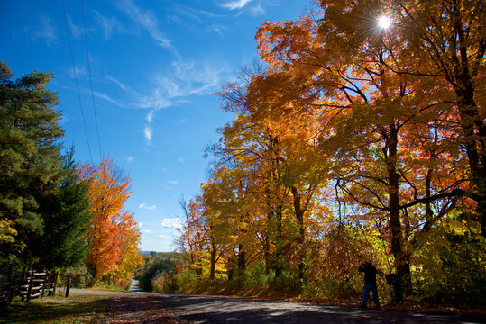 The photographer taking picture of the landscape of mountain road with autumn leaf color