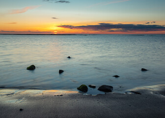 Sunrise at Cresswell Beach on the coast of Northumberland, England, UK.