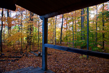 View from the front porch of a historical pioneer log cabin, King City, Ontario, Canada.