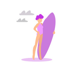 Woman in swimsuit with a surfing board around