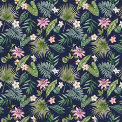 Beautiful seamless pattern with watercolor tropical leaves and flowers. Stock illustration