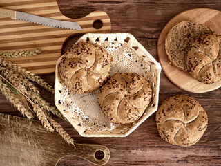Multigrain kaiser rolls.  Homemade bread from recipes of traditional Polish cuisine.