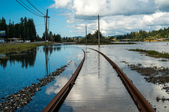 Train tracks in Coos Bay, Oregon under water. 