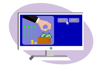 Online payments, money transfers, online purchases. On the monitor screen, a hand in a suit puts a golden dollar in a purse