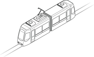 Line drawing of a tram or light rail public transport vehicle. Two-car. Line art.