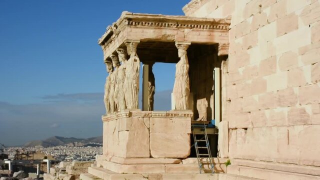 The Erechtheion building and The Porch of the Caryatids in Athens, Greece. East side view.