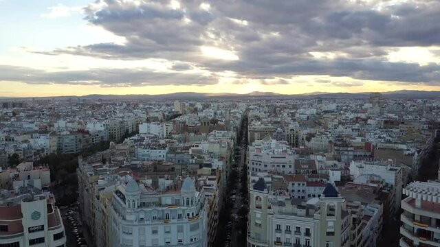 Dron shot over the gran via de Valencia Espa&ntilde;a , buildings and sunset, Landscape Buildings and sunset .