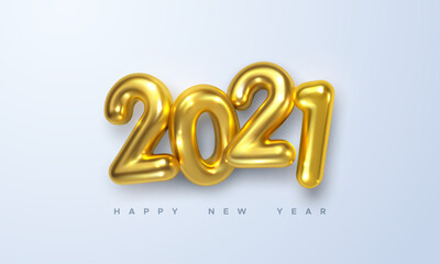Happy New 2021 Year. Holiday vector illustration of golden metallic numbers 2021. Realistic 3d sign. Festive poster or banner design