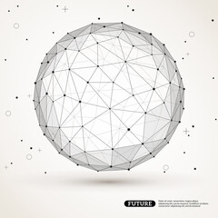 Wireframe mesh polygonal element. Sphere with connected lines and dots. Connection Structure. Geometric Modern Technology Concept. Digital Data Visualization. Social Network Graphic Concept