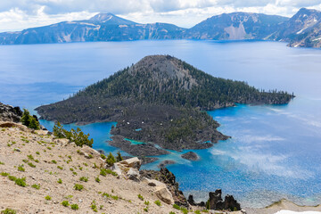 Crater Lake National Park. Beautiful Nature in Summer Season Famous Tourist Attractions in Oregon State, USA.