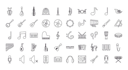 Music instruments line style icon set vector design