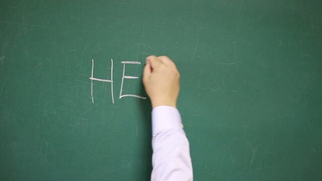 Hand writes HELLO on a blackboard