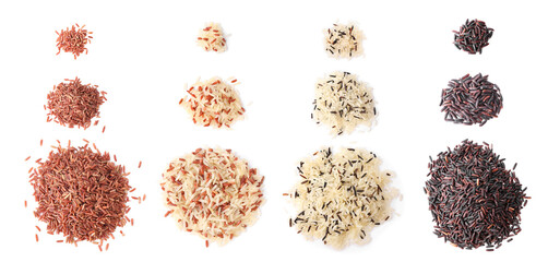 Set with different types of rice on white background, top view. Banner design