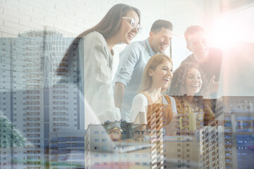 Double exposure of team workers discussing questions in office and cityscape