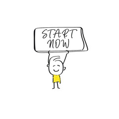 vector of man holding placard of START NOW