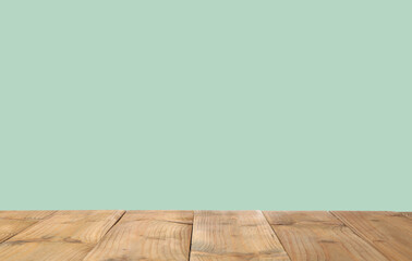 Empty wooden surface on mint background. Mockup for design