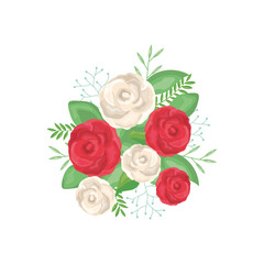 beautiful white and red roses with decorative green leaves, detailed style
