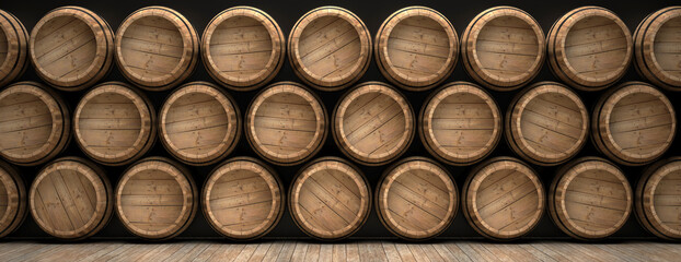 Wine barrels stack on wooden floor, black background. 3d illustration