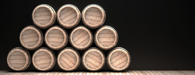 Wine barrels stack on wooden floor, black background. 3d illustration