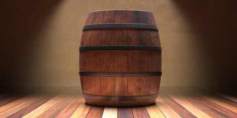 Wooden barrels, wine cellar background, 3d illustration