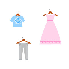 Clothes hanging on a hanger. Dress, t-shirt, pants.