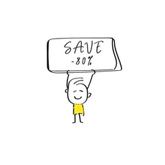vector of man holding placard of SAVE -80%