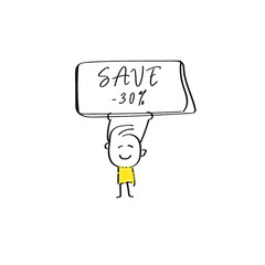 vector of man holding placard of SAVE -30%