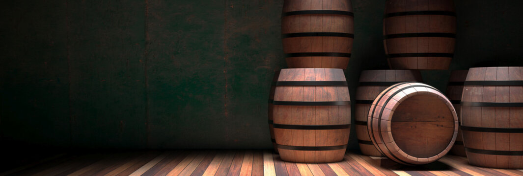 Wooden barrels, wine cellar background, banner, copy space. 3d illustration