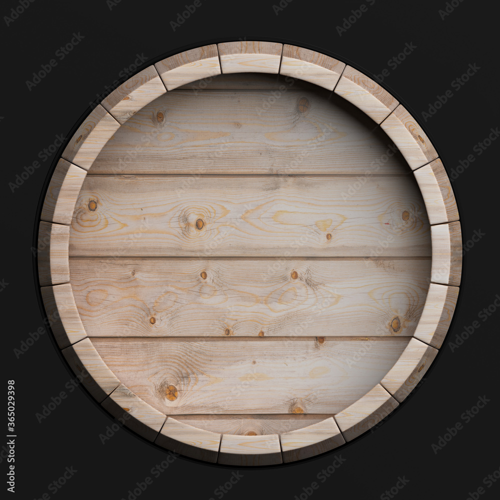 Wall mural Wooden barrel top view isolated on black background 3d illustration