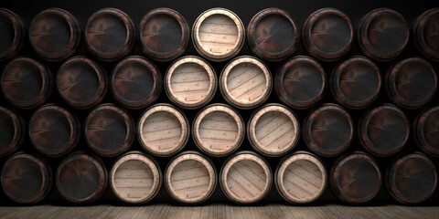 Wine barrels xmas tree shape stack on wooden floor, dark background. 3d illustration